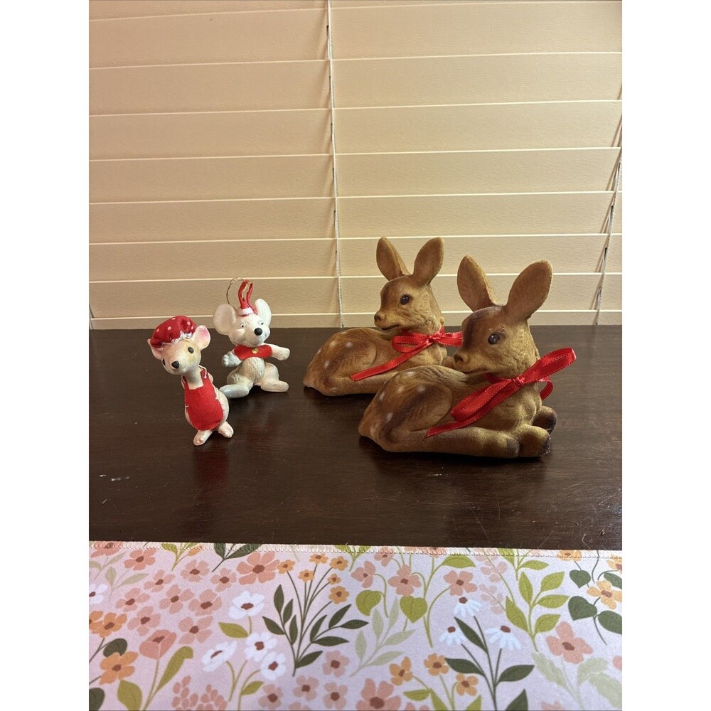 2 Vintage Flocked Spotted Deer Laying Down Fawn Christmas Decor Hong Kong